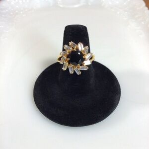 Sparkling Cubic Zirconia and Black Onyx Gold Fashion Ring - Size 10